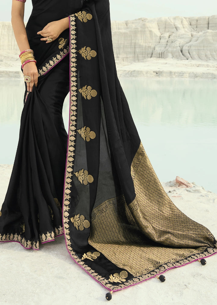 Pebble Black Organza Viscose Saree with Intricate Coding Border and Embroidered Blouse