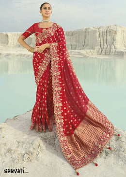 Crimson Red Dola Viscose Saree Featuring Zari, Moti and Cut-Dana Embroidery