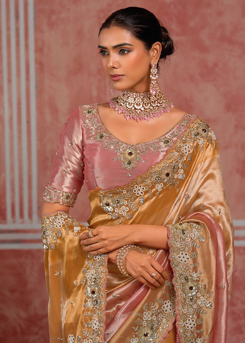 Tones of Golden &amp; Banarasi Pink Silk Saree with Pearl, Stone &amp; Zari Artistry
