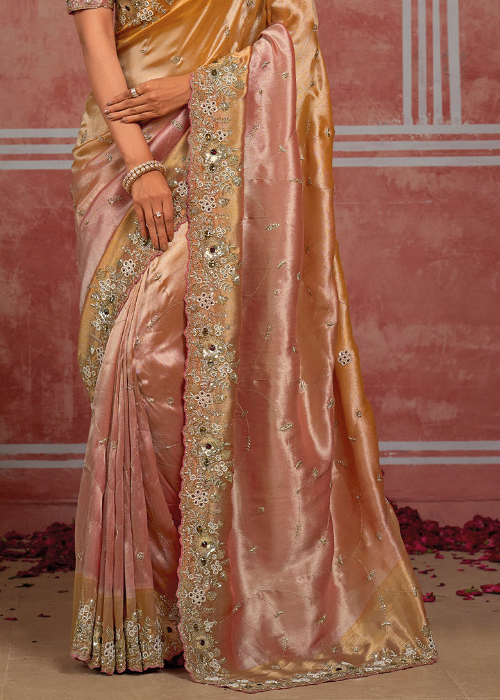 Tones of Golden &amp; Banarasi Pink Silk Saree with Pearl, Stone &amp; Zari Artistry