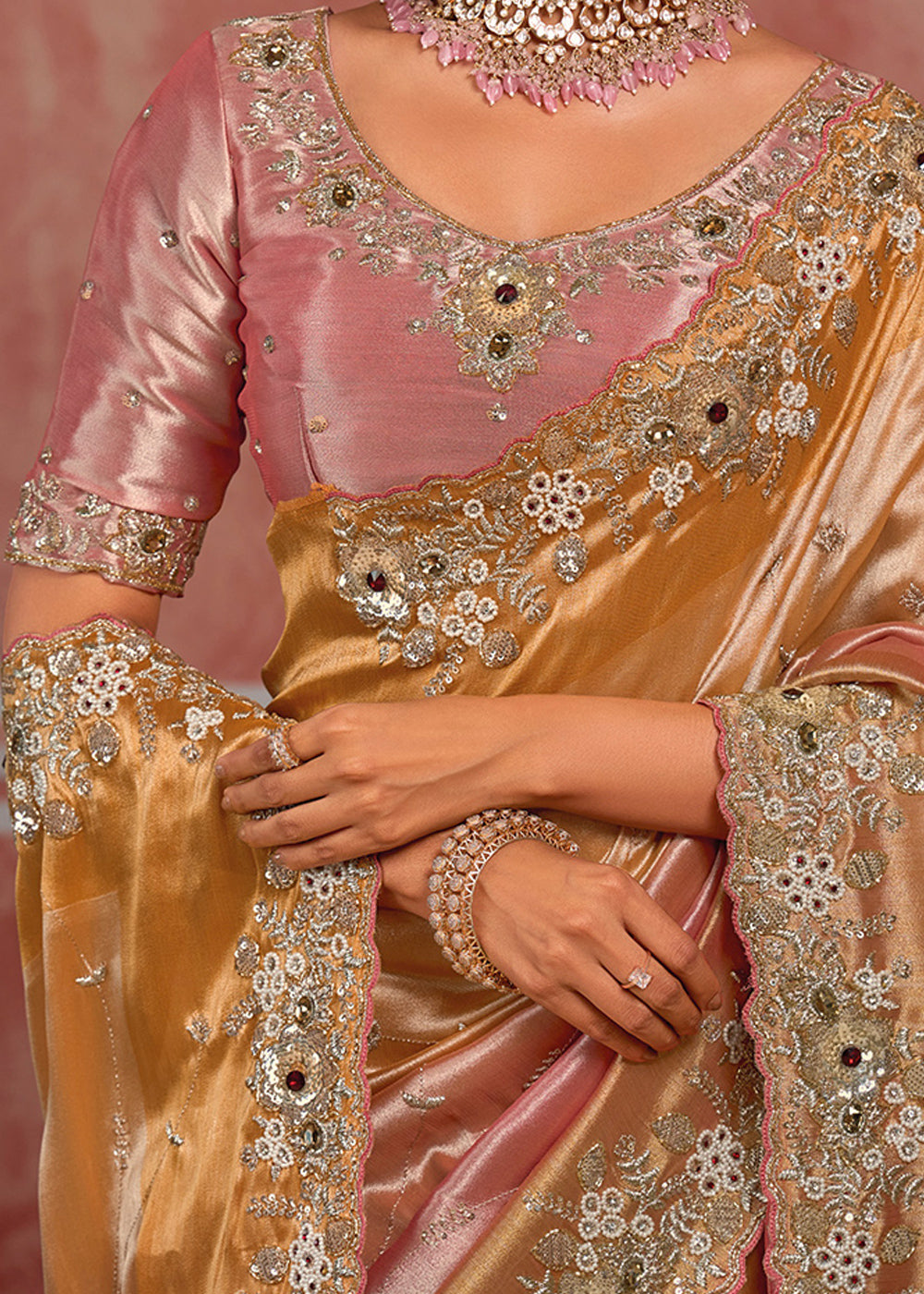 Tones of Golden &amp; Banarasi Pink Silk Saree with Pearl, Stone &amp; Zari Artistry