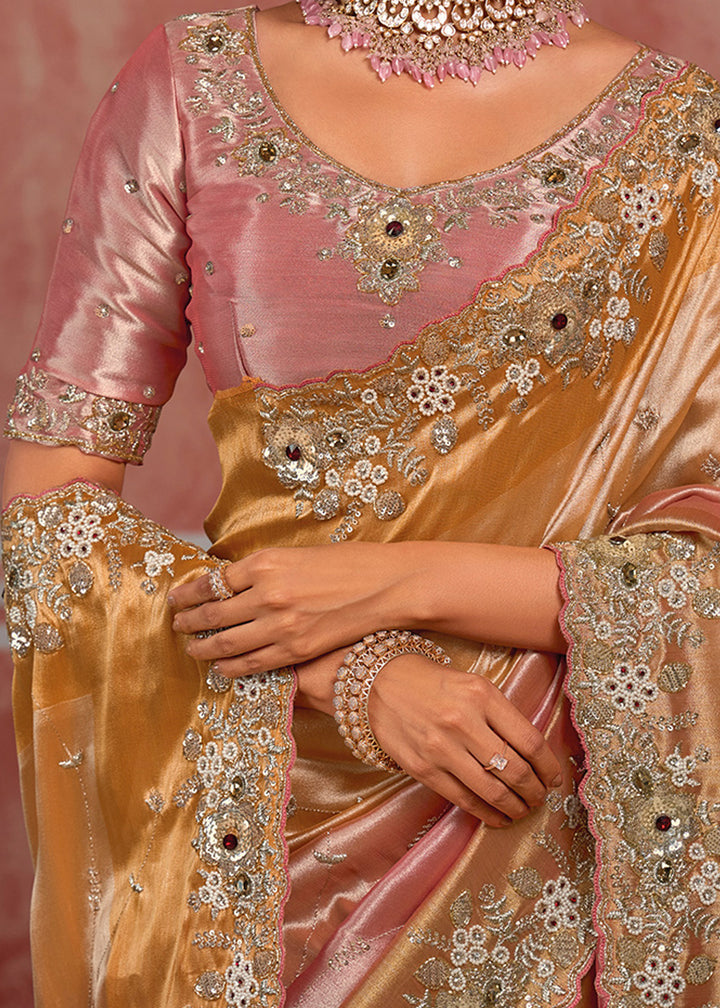 Tones of Golden &amp; Banarasi Pink Silk Saree with Pearl, Stone &amp; Zari Artistry