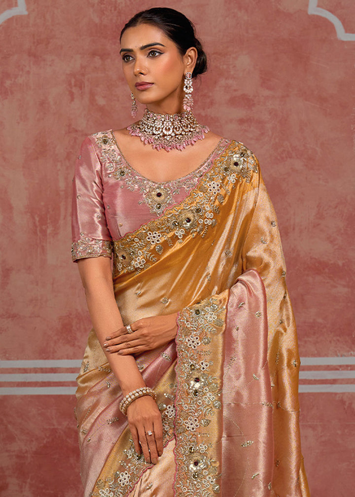 Tones of Golden &amp; Banarasi Pink Silk Saree with Pearl, Stone &amp; Zari Artistry
