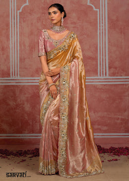 Tones of Golden & Banarasi Pink Silk Saree with Pearl, Stone & Zari Artistry