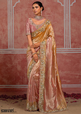 Tones of Golden & Banarasi Pink Silk Saree with Pearl, Stone & Zari Artistry