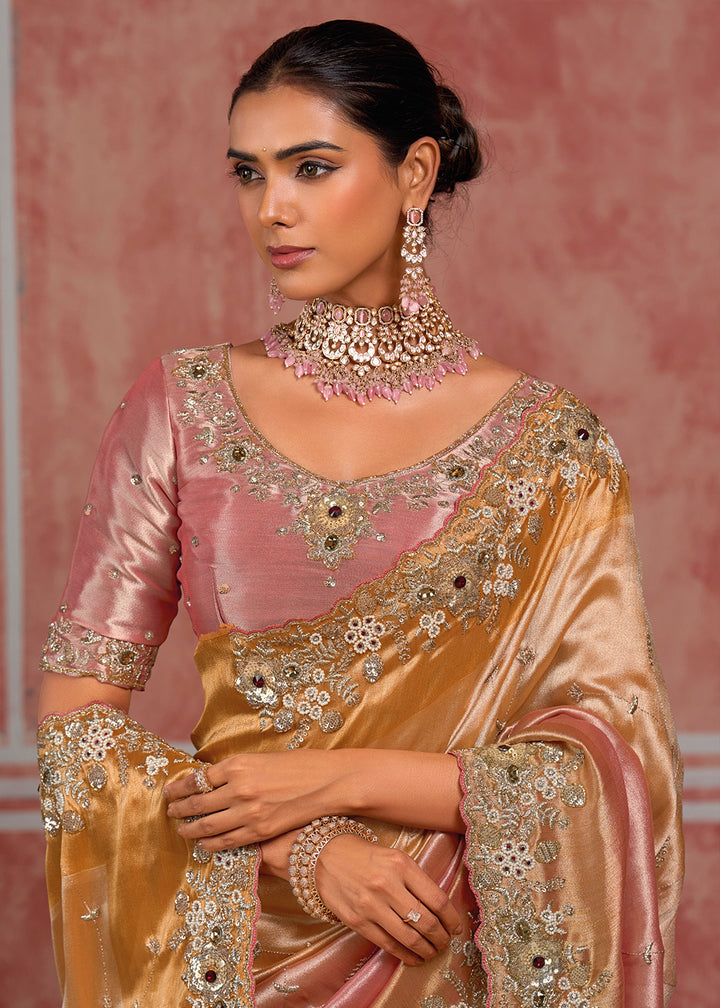 Tones of Golden &amp; Banarasi Pink Silk Saree with Pearl, Stone &amp; Zari Artistry