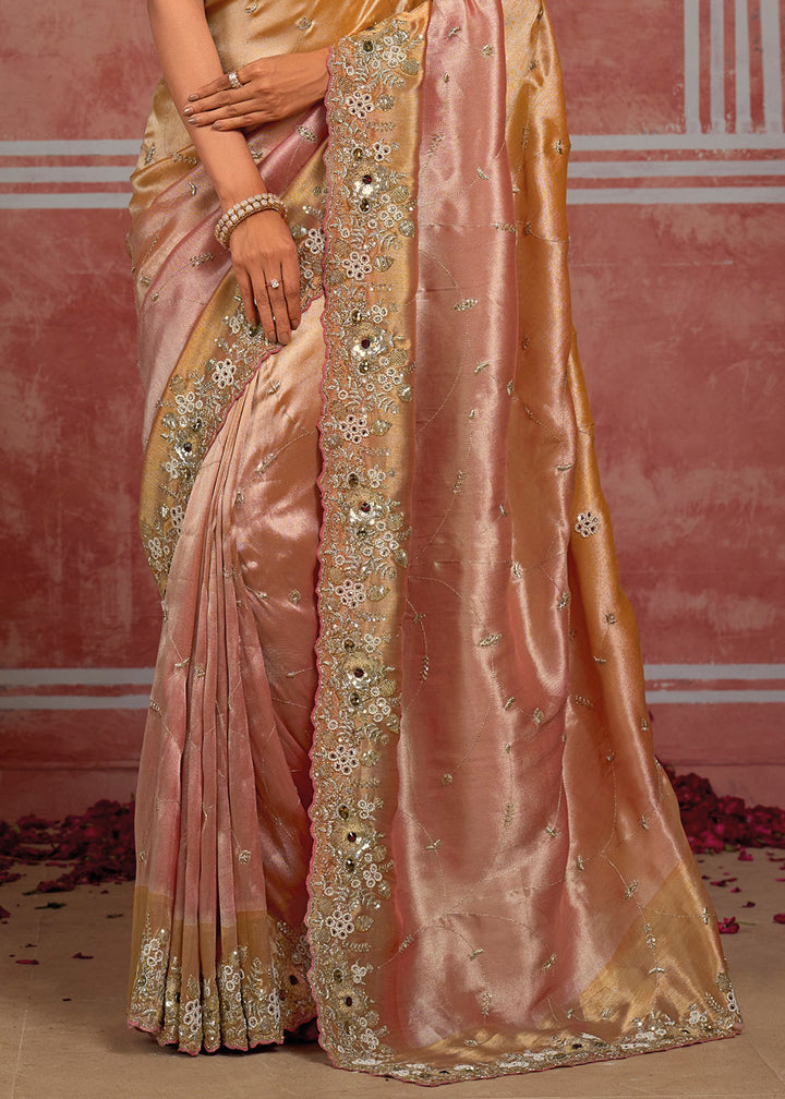 Tones of Golden &amp; Banarasi Pink Silk Saree with Pearl, Stone &amp; Zari Artistry