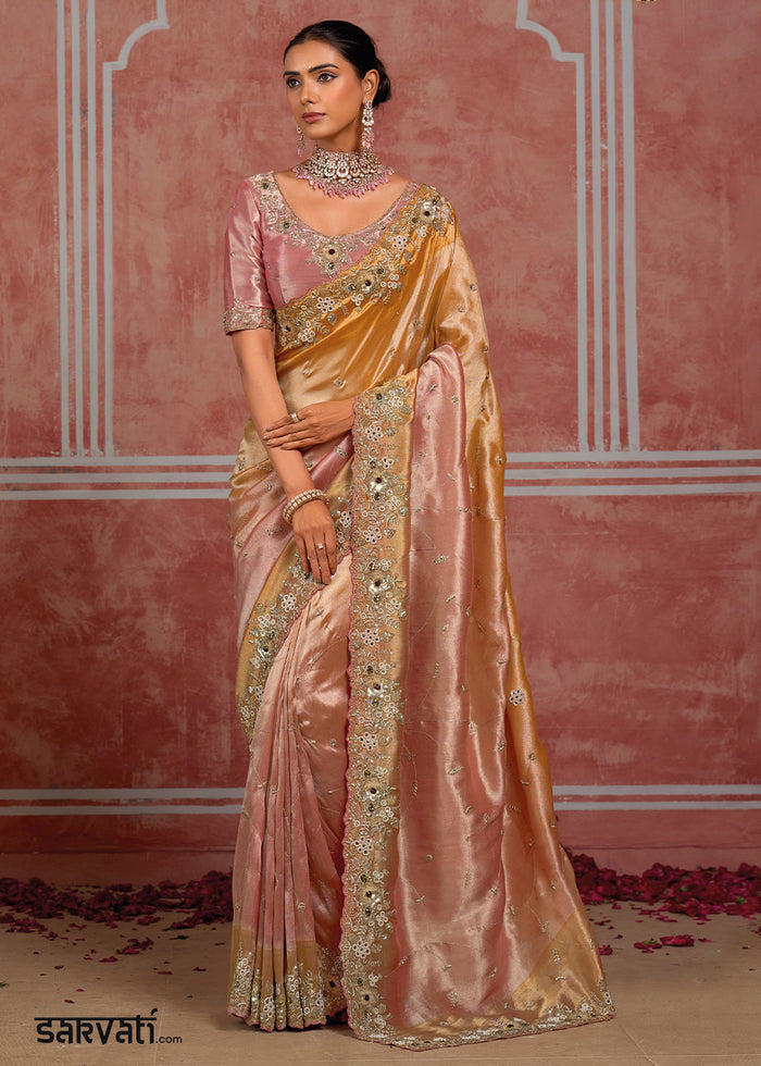 Tones of Golden & Banarasi Pink Silk Saree with Pearl, Stone & Zari Artistry