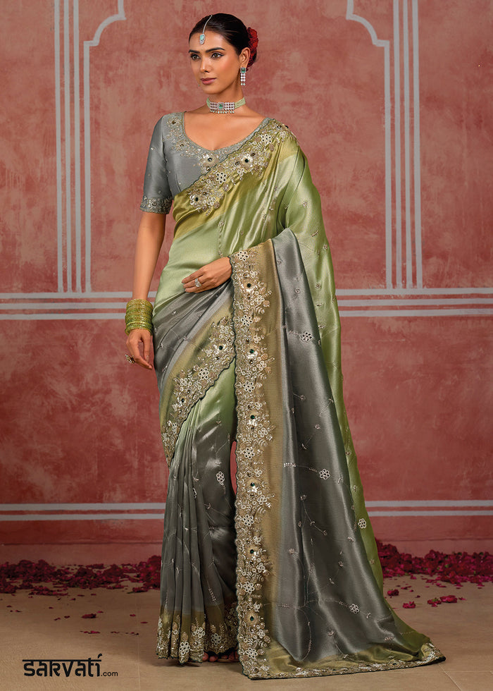 Tones of Green & Grey Banarasi Silk Saree with Pearl, Stone & Zari Artistry