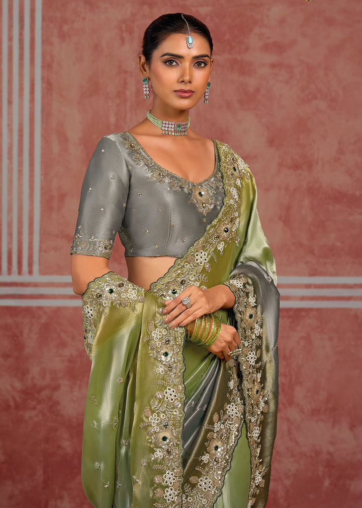 Tones of Green &amp; Grey Banarasi Silk Saree with Pearl, Stone &amp; Zari Artistry