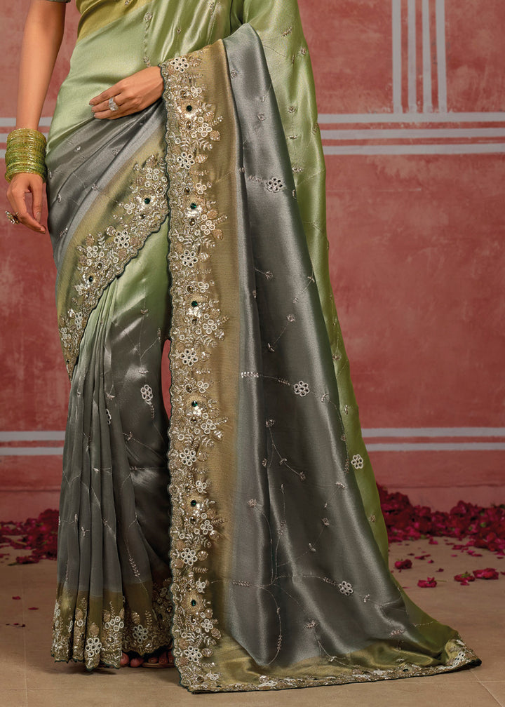 Tones of Green &amp; Grey Banarasi Silk Saree with Pearl, Stone &amp; Zari Artistry