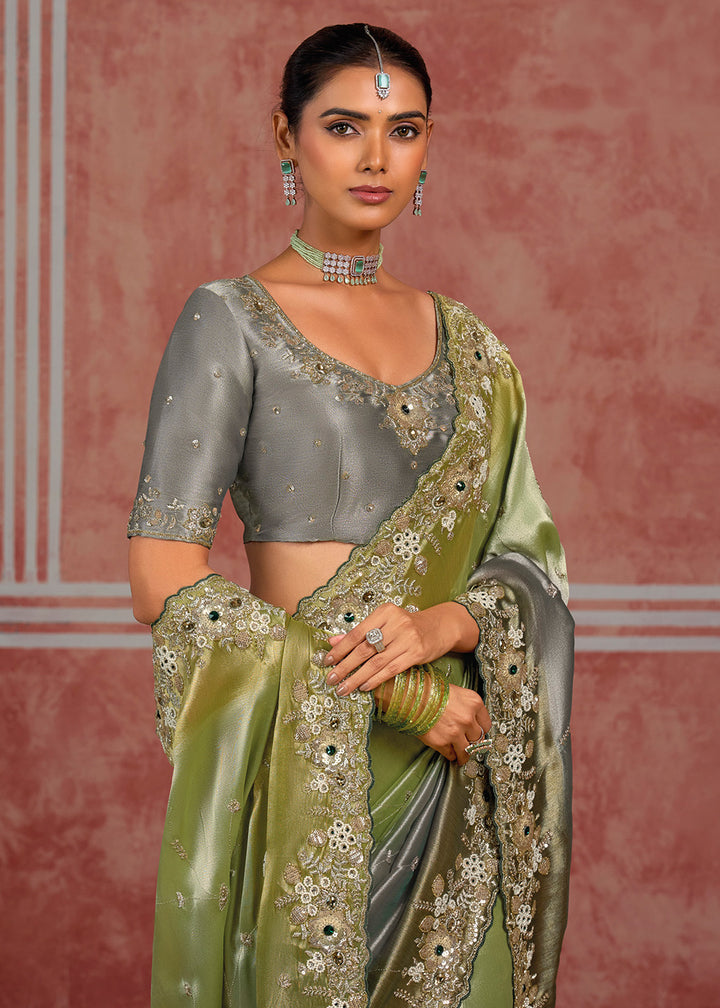 Tones of Green &amp; Grey Banarasi Silk Saree with Pearl, Stone &amp; Zari Artistry
