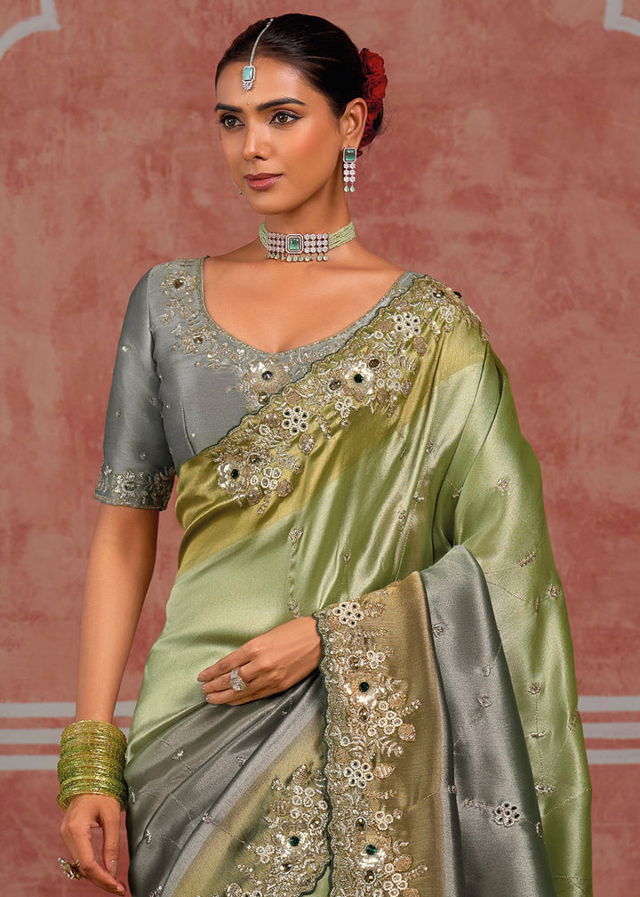 Tones of Green &amp; Grey Banarasi Silk Saree with Pearl, Stone &amp; Zari Artistry