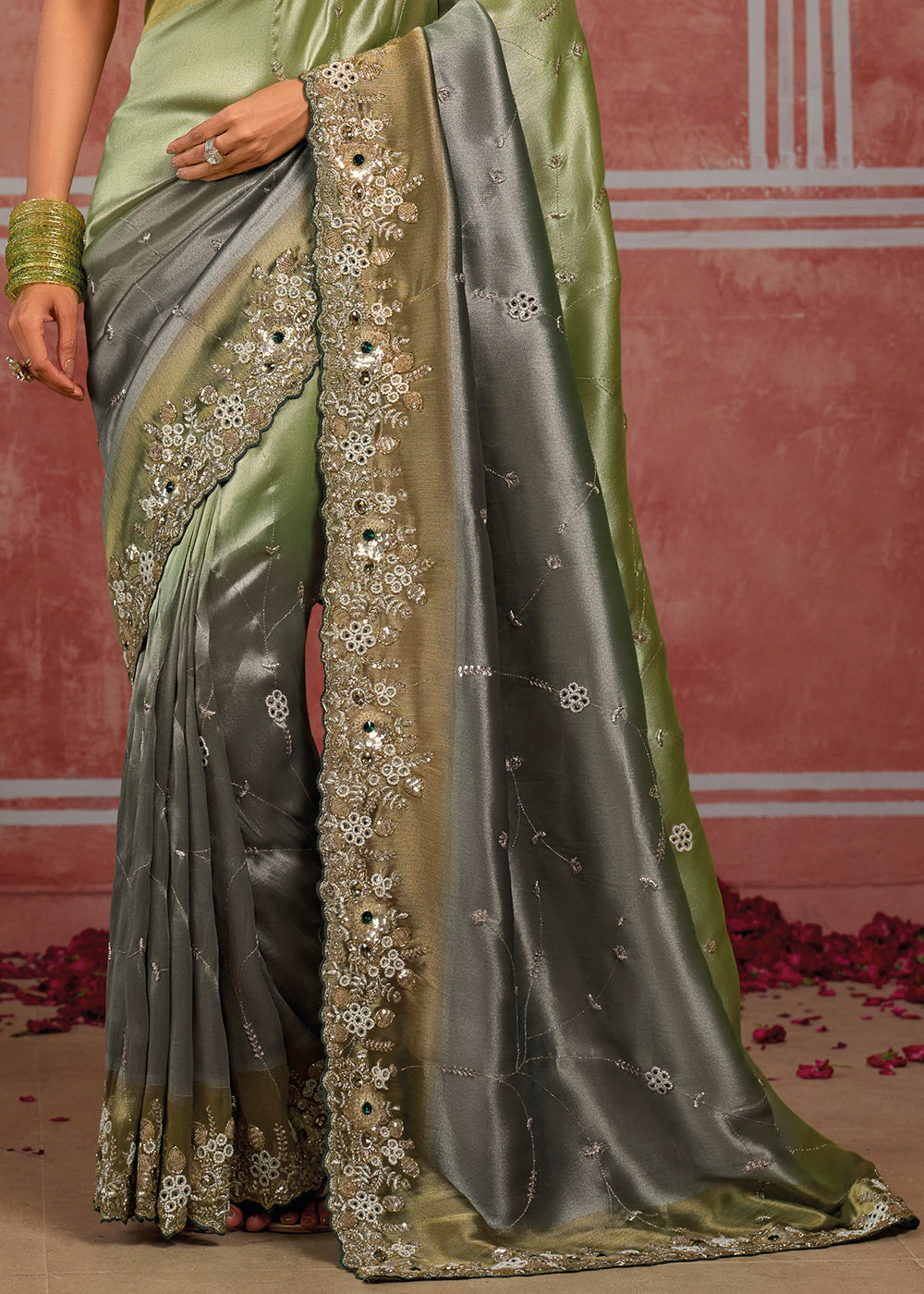 Tones of Green &amp; Grey Banarasi Silk Saree with Pearl, Stone &amp; Zari Artistry