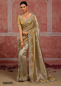 Tones of Silver & Gold Banarasi Silk Saree with Pearl, Stone & Zari Artistry