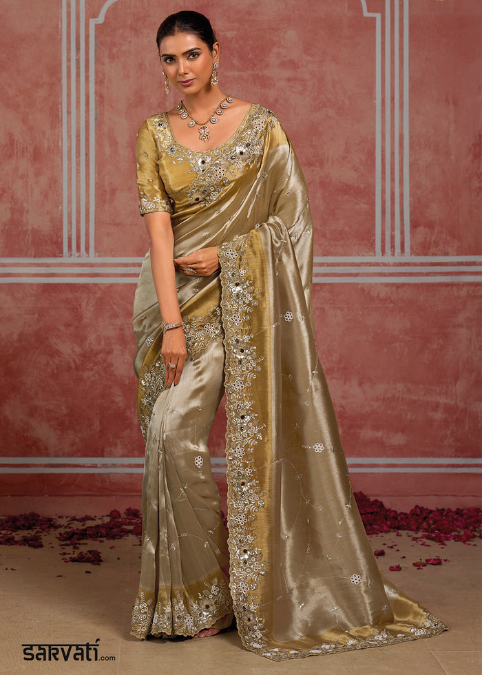 Tones of Silver & Gold Banarasi Silk Saree with Pearl, Stone & Zari Artistry