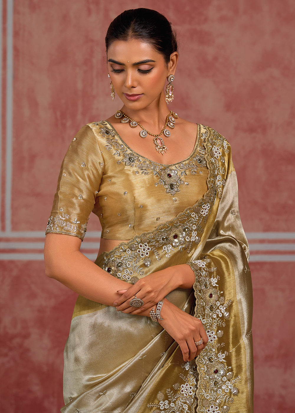 Tones of Silver &amp; Gold Banarasi Silk Saree with Pearl, Stone &amp; Zari Artistry