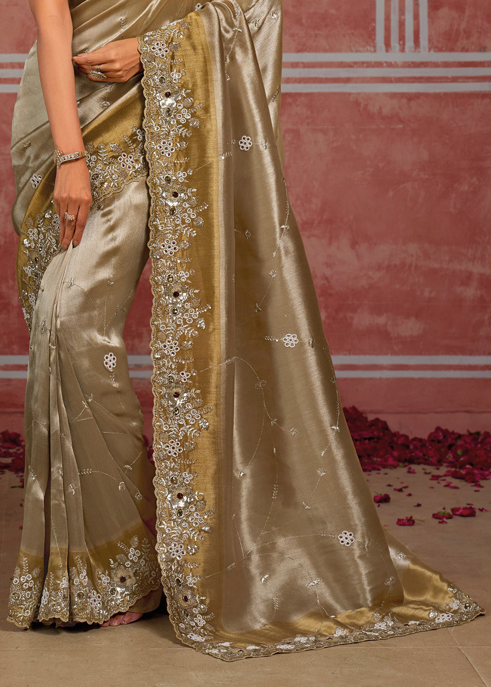 Tones of Silver &amp; Gold Banarasi Silk Saree with Pearl, Stone &amp; Zari Artistry