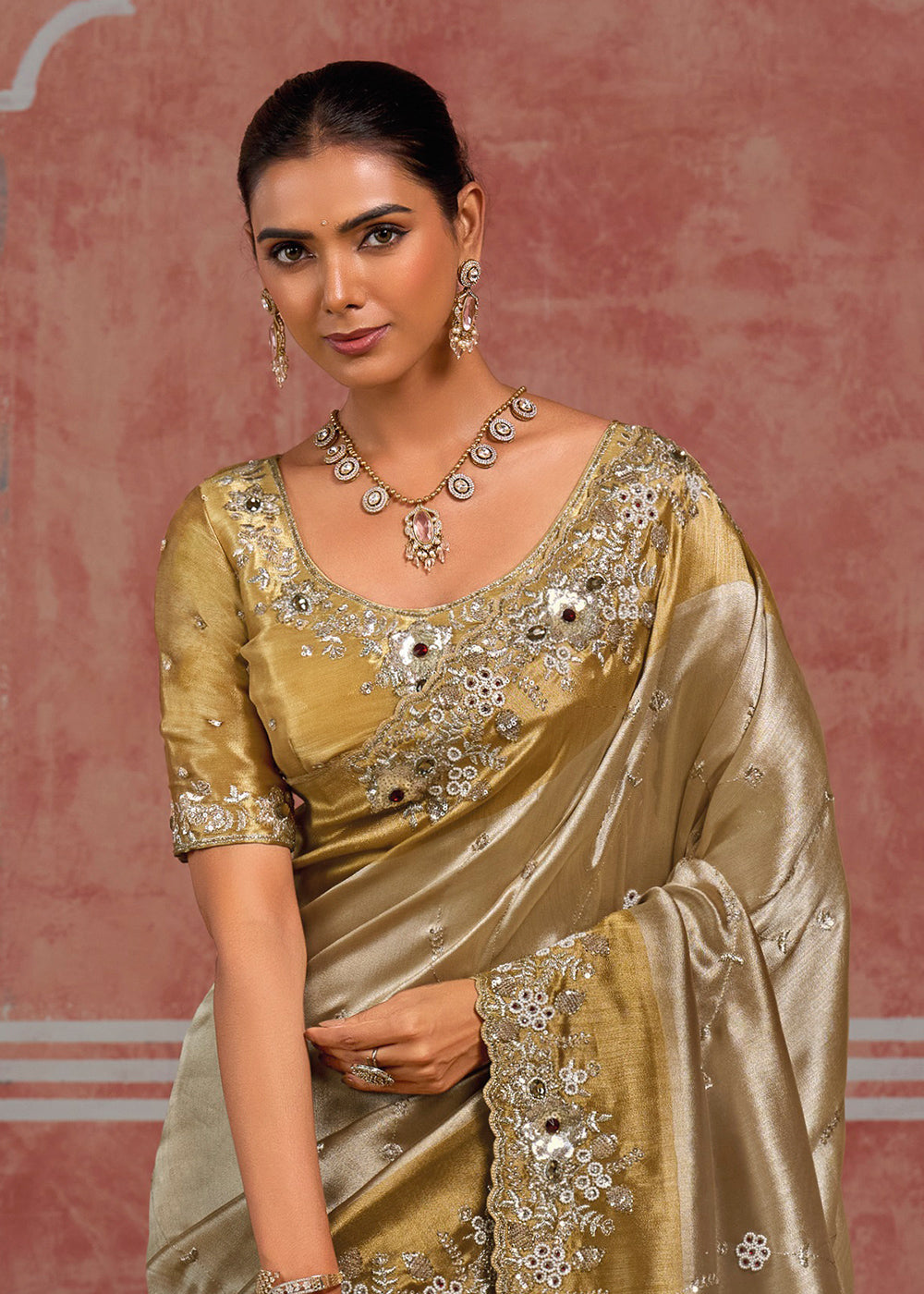 Tones of Silver & Gold Banarasi Silk Saree with Pearl, Stone & Zari Artistry