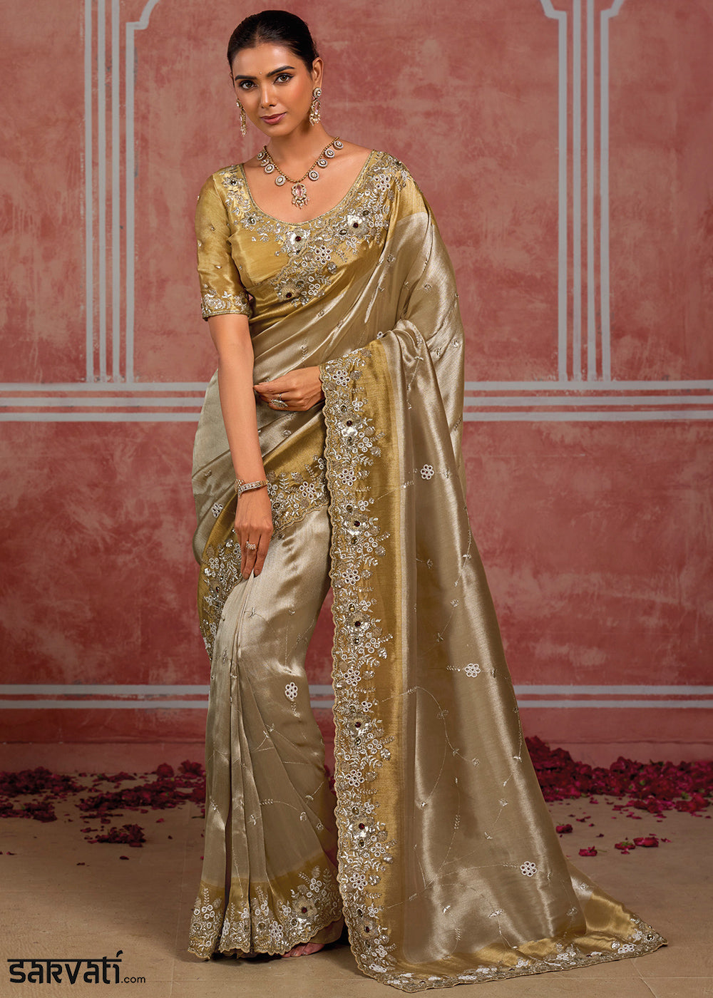 Tones of Silver &amp; Gold Banarasi Silk Saree with Pearl, Stone &amp; Zari Artistry