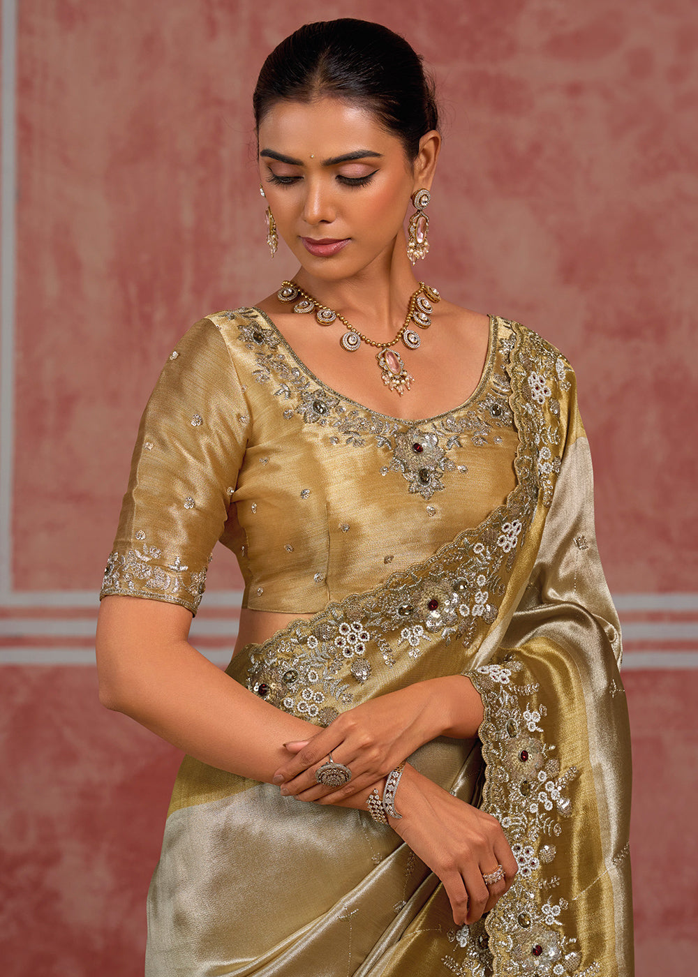 Tones of Silver & Gold Banarasi Silk Saree with Pearl, Stone & Zari Artistry
