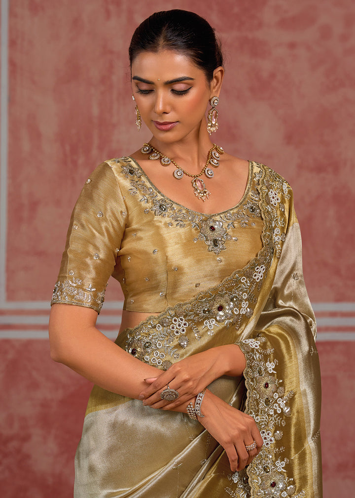 Tones of Silver &amp; Gold Banarasi Silk Saree with Pearl, Stone &amp; Zari Artistry