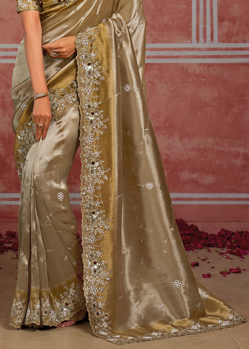 Tones of Silver &amp; Gold Banarasi Silk Saree with Pearl, Stone &amp; Zari Artistry