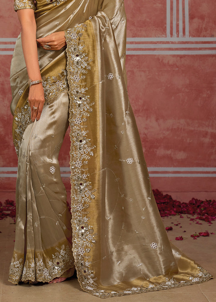Tones of Silver &amp; Gold Banarasi Silk Saree with Pearl, Stone &amp; Zari Artistry