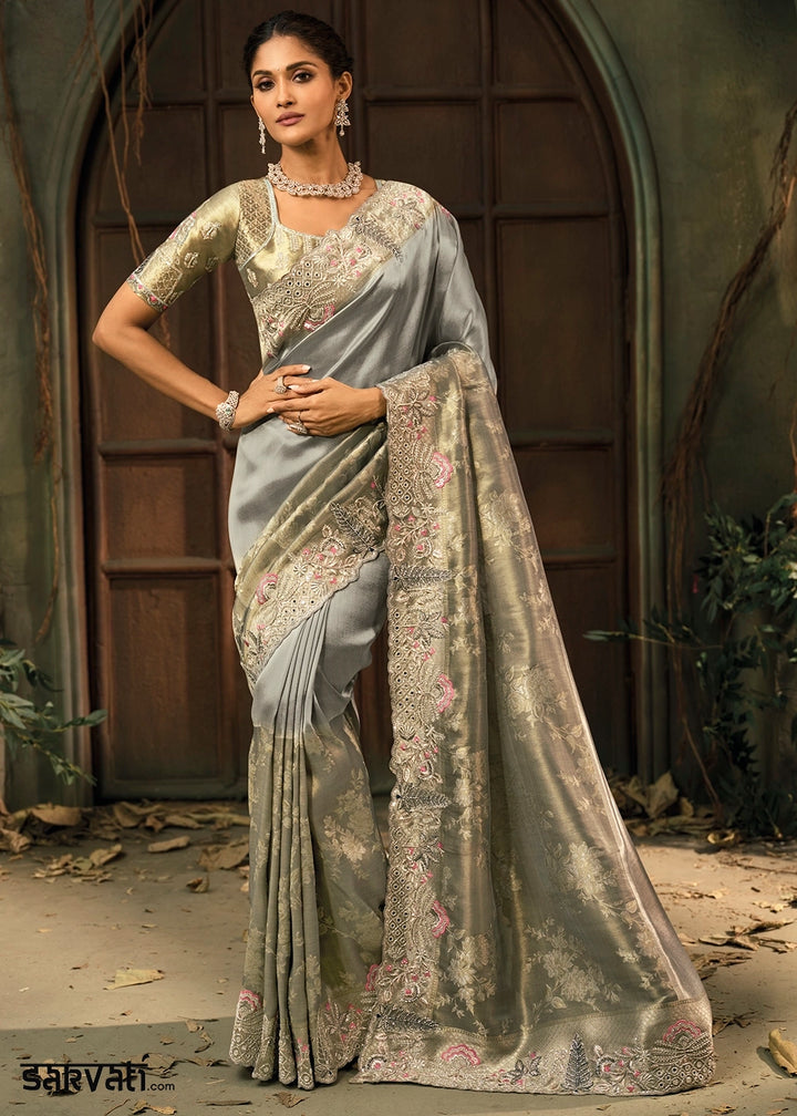 Pewter Grey Contemporary Kanjivaram Silk Saree with Luxe Detailing