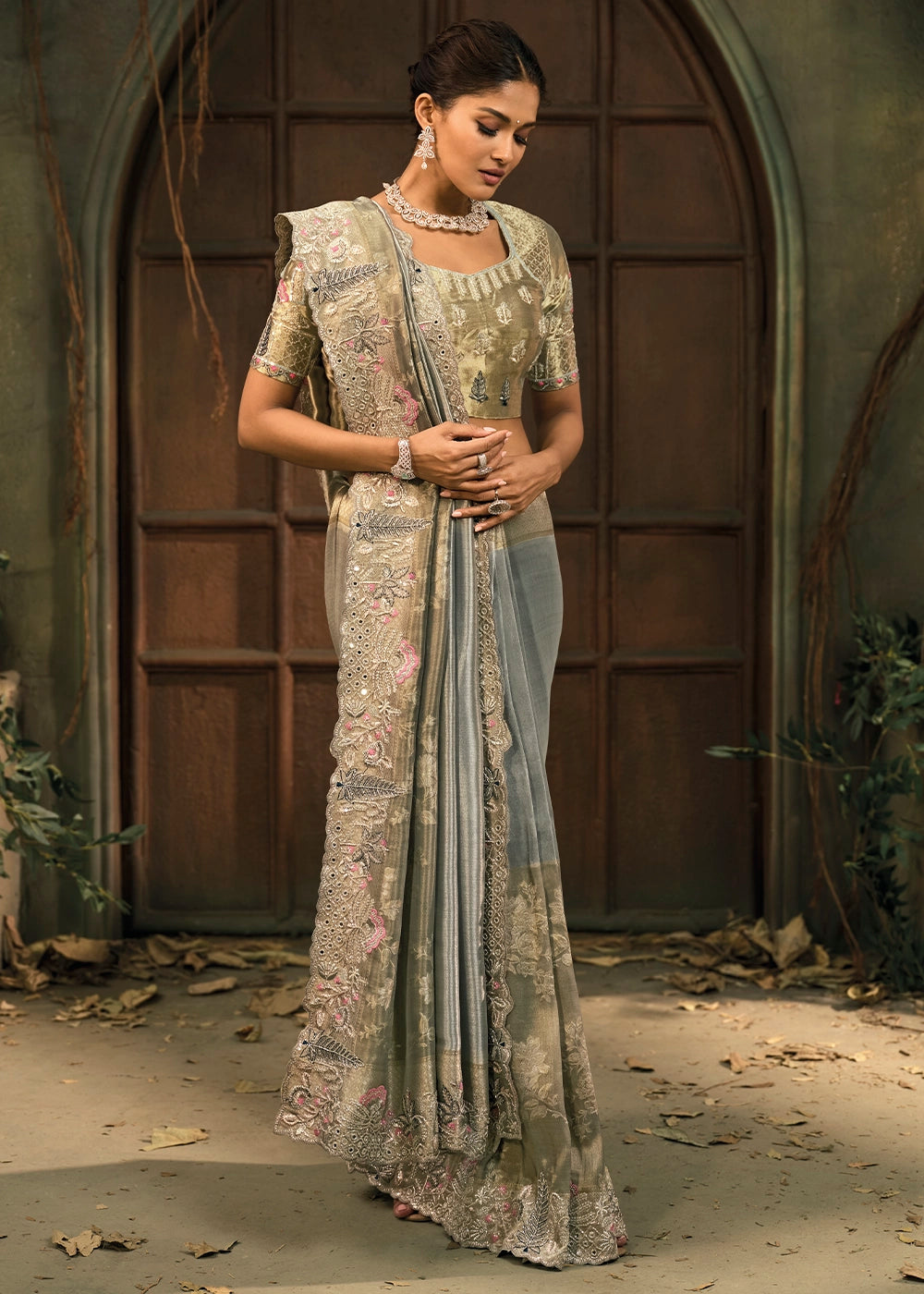Pewter Grey Contemporary Kanjivaram Silk Saree with Luxe Detailing