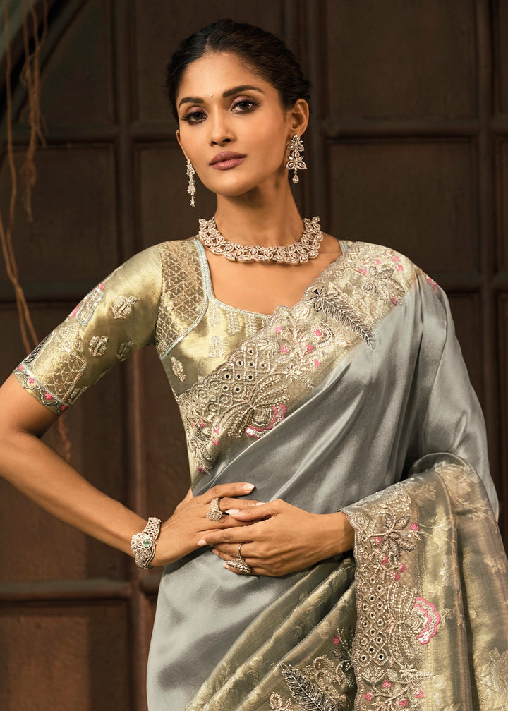 Pewter Grey Contemporary Kanjivaram Silk Saree with Luxe Detailing
