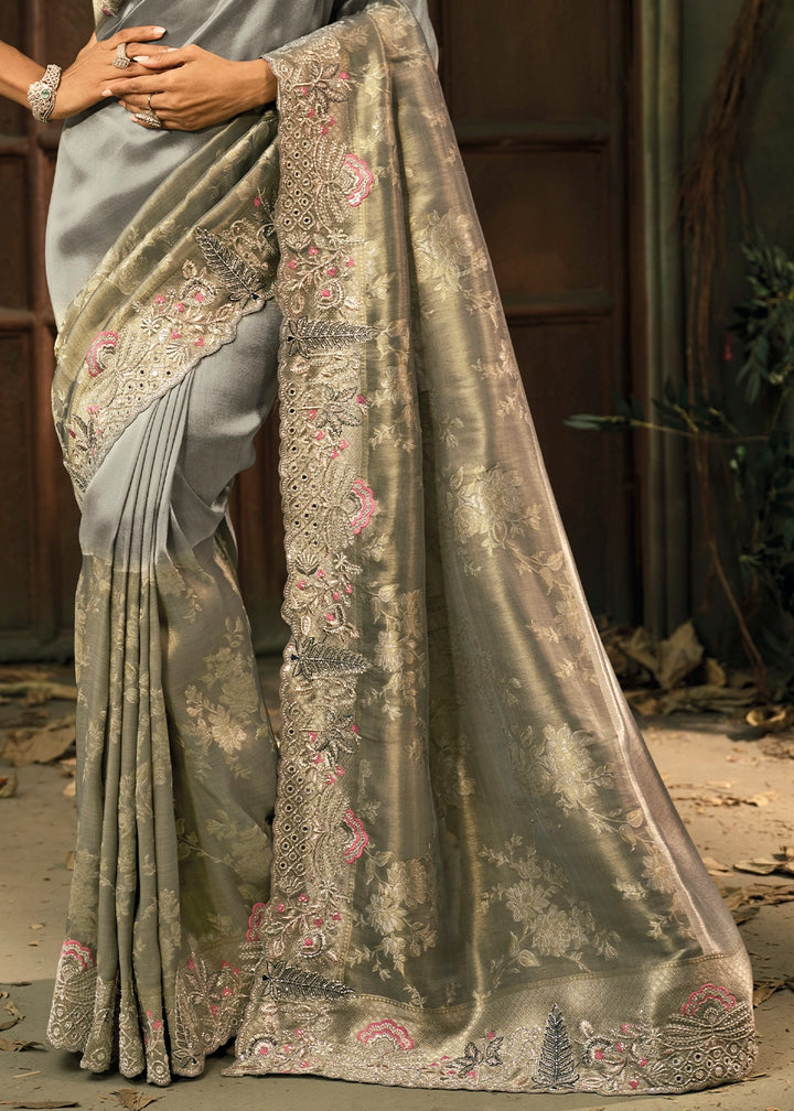 Pewter Grey Contemporary Kanjivaram Silk Saree with Luxe Detailing