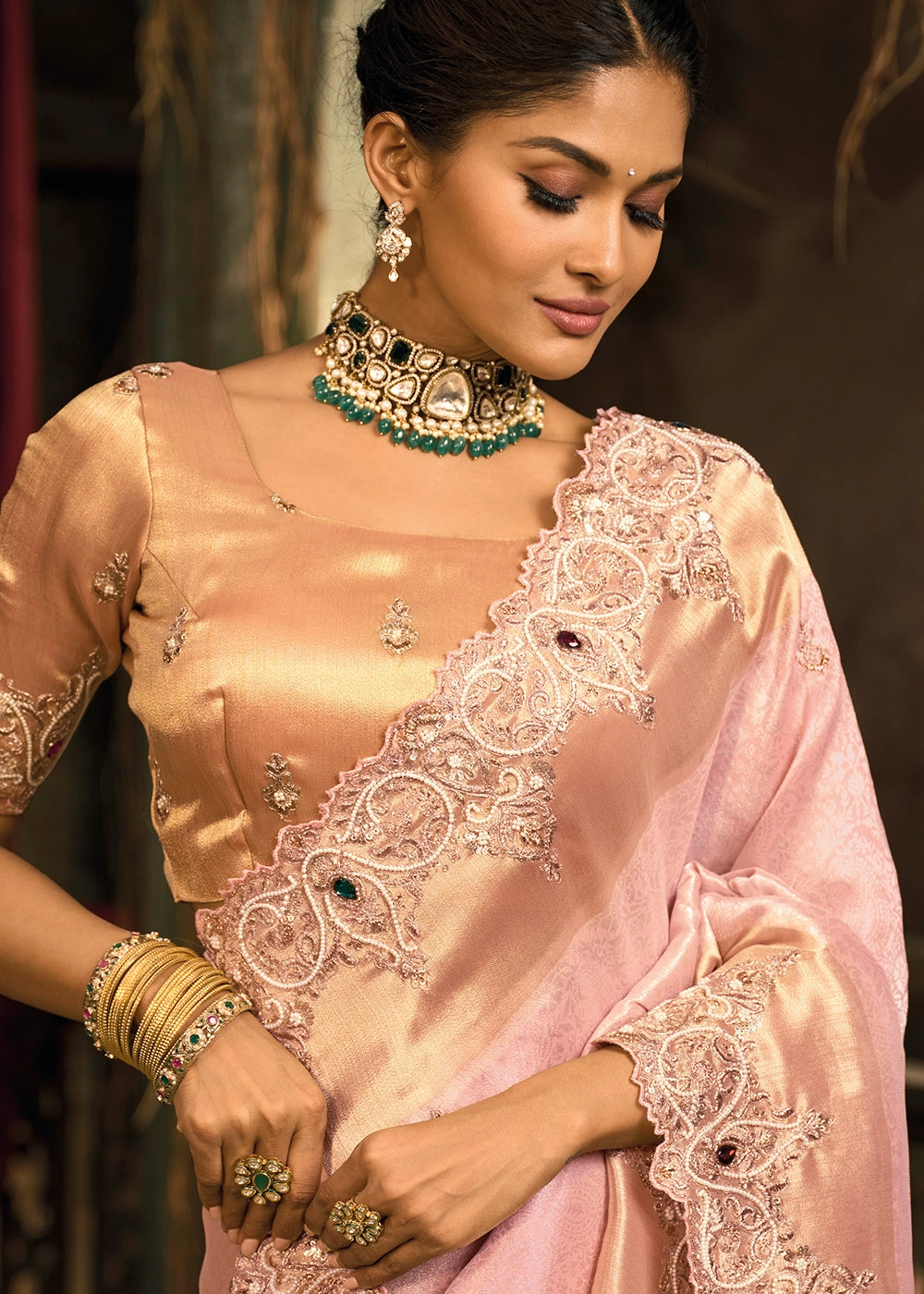 Flamingo Pink Contemporary Kanjivaram Silk Saree with Luxe Detailing