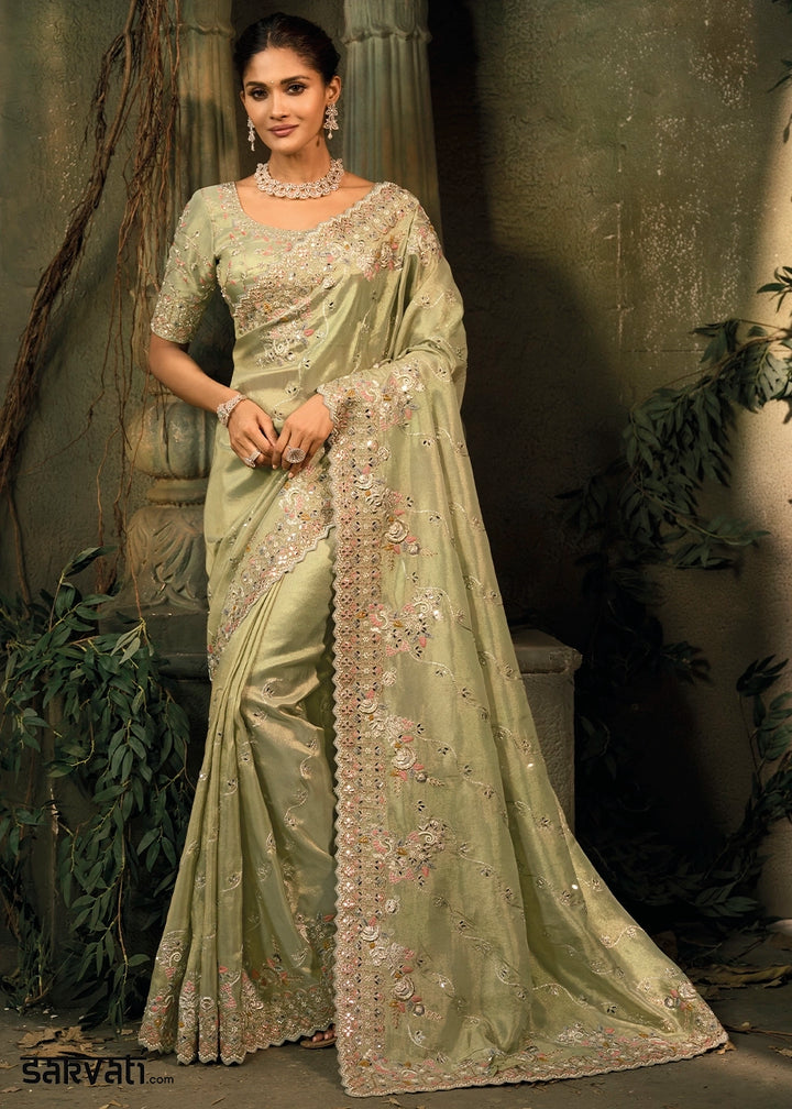 Tea Green Contemporary Kanjivaram Silk Saree with Luxe Detailing
