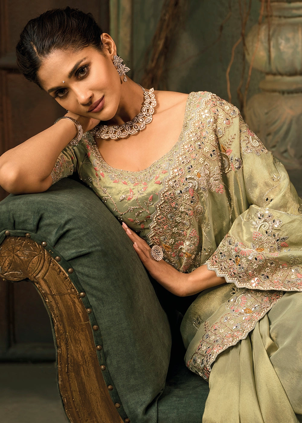 Tea Green Contemporary Kanjivaram Silk Saree with Luxe Detailing