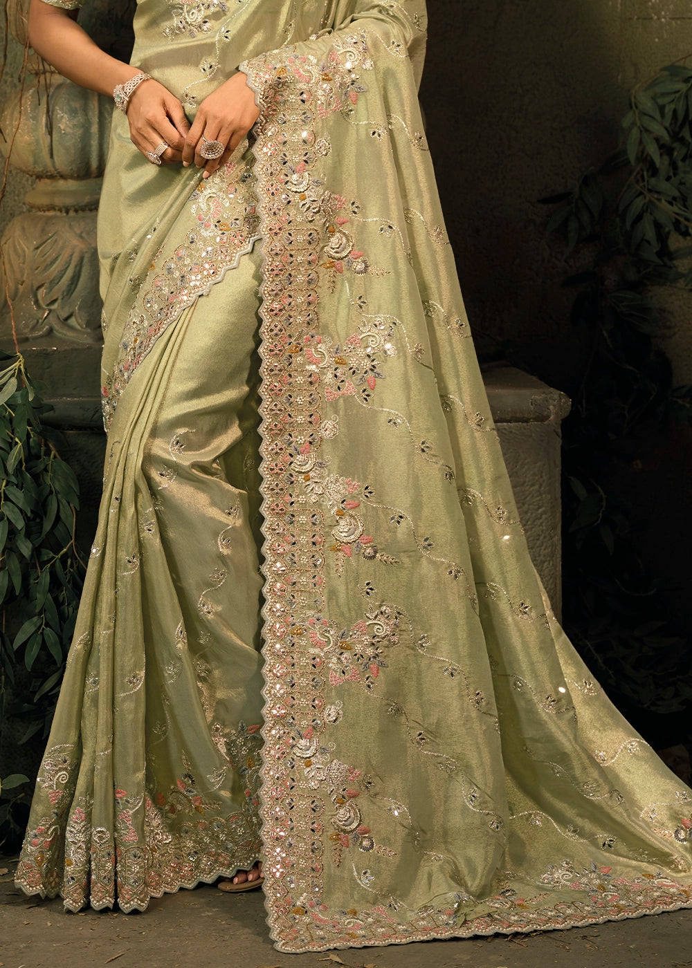 Tea Green Contemporary Kanjivaram Silk Saree with Luxe Detailing