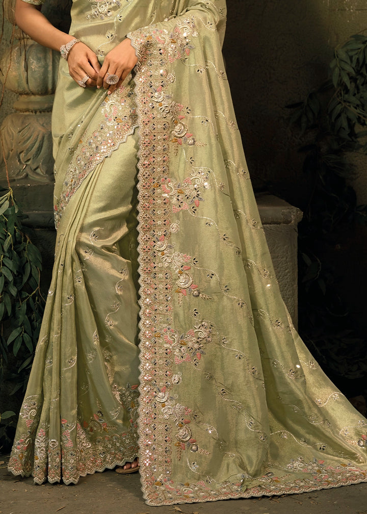 Tea Green Contemporary Kanjivaram Silk Saree with Luxe Detailing