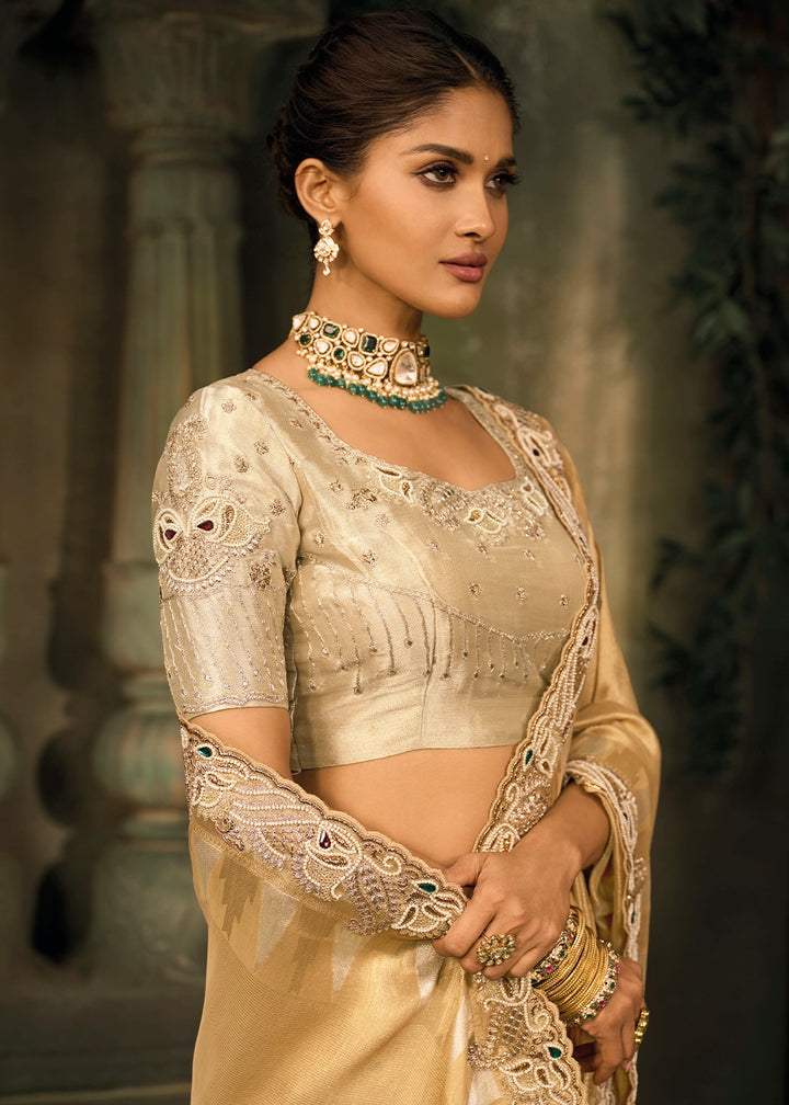 Light Brown Contemporary Kanjivaram Silk Saree with Luxe Detailing