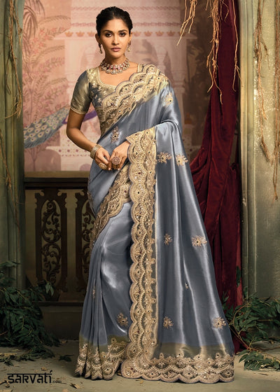 Glaucous Blue Contemporary Kanjivaram Silk Saree with Luxe Detailing