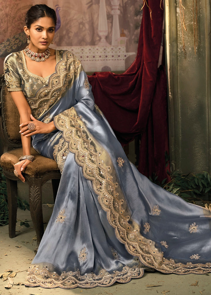 Glaucous Blue Contemporary Kanjivaram Silk Saree with Luxe Detailing