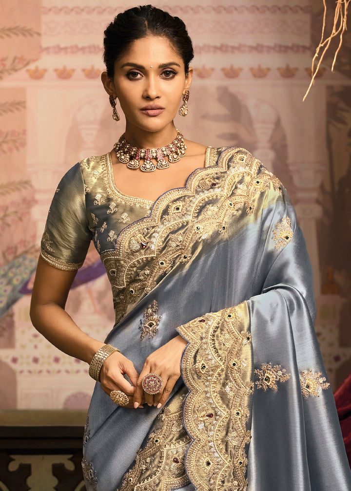 Glaucous Blue Contemporary Kanjivaram Silk Saree with Luxe Detailing