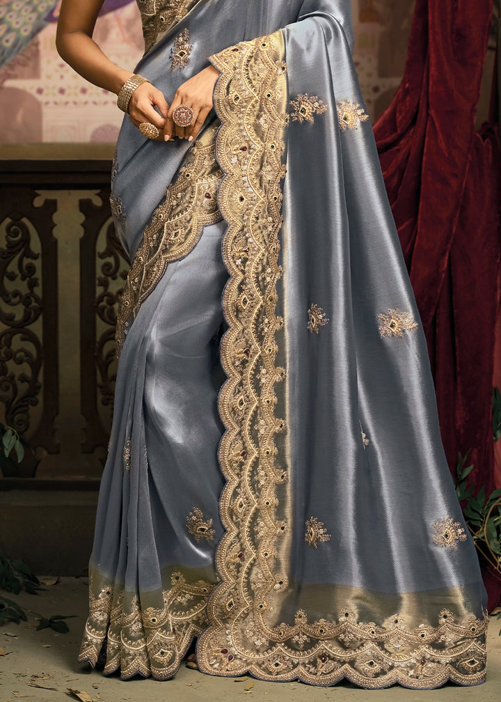 Glaucous Blue Contemporary Kanjivaram Silk Saree with Luxe Detailing