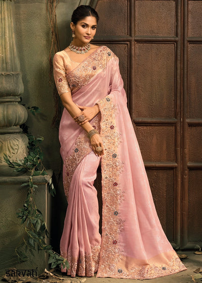 Baby Pink Contemporary Kanjivaram Silk Saree with Luxe Detailing