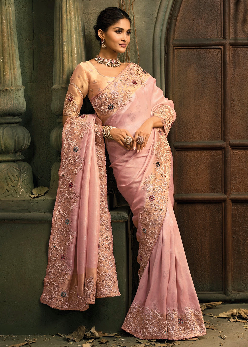 Baby Pink Contemporary Kanjivaram Silk Saree with Luxe Detailing