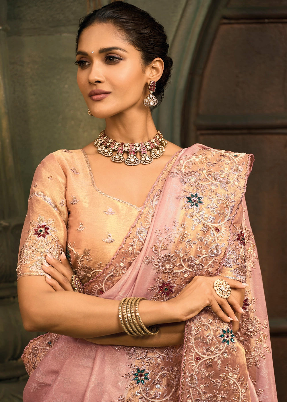 Baby Pink Contemporary Kanjivaram Silk Saree with Luxe Detailing