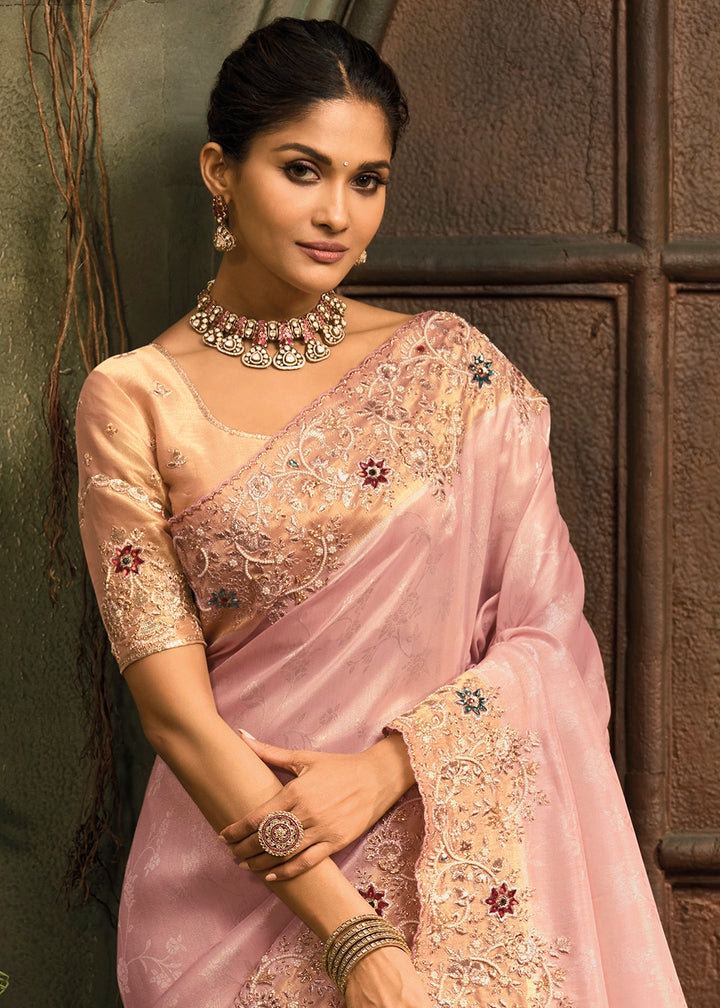 Baby Pink Contemporary Kanjivaram Silk Saree with Luxe Detailing