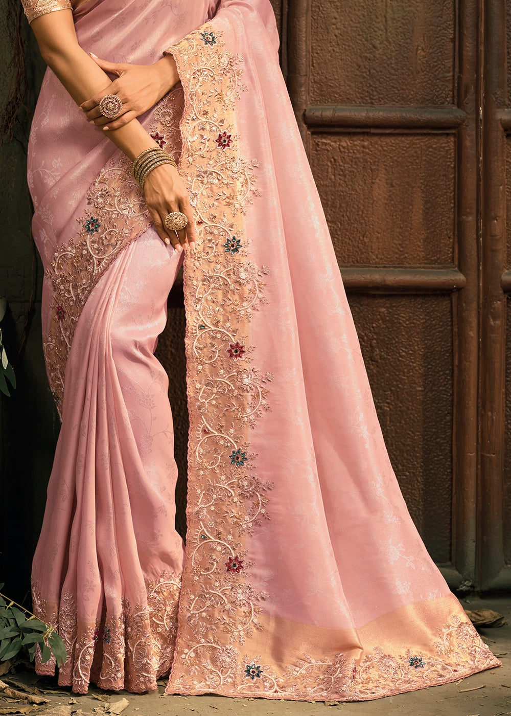 Baby Pink Contemporary Kanjivaram Silk Saree with Luxe Detailing