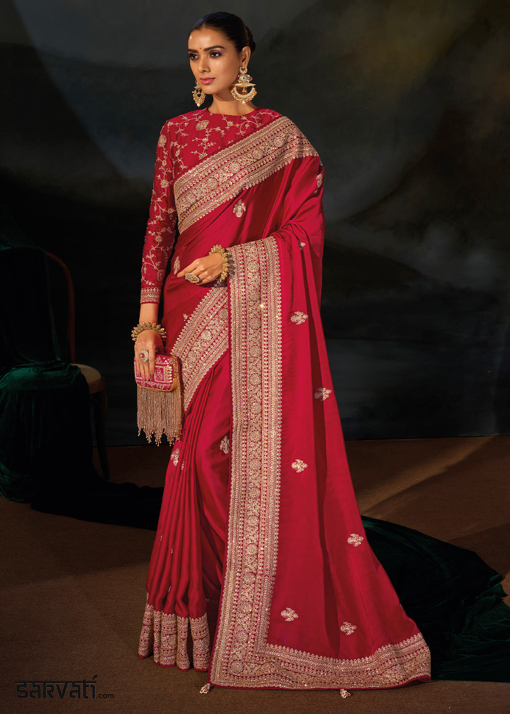 Ruby Pink Satin Silk Saree with Lustrous Zari &amp; Cut Dana Accents