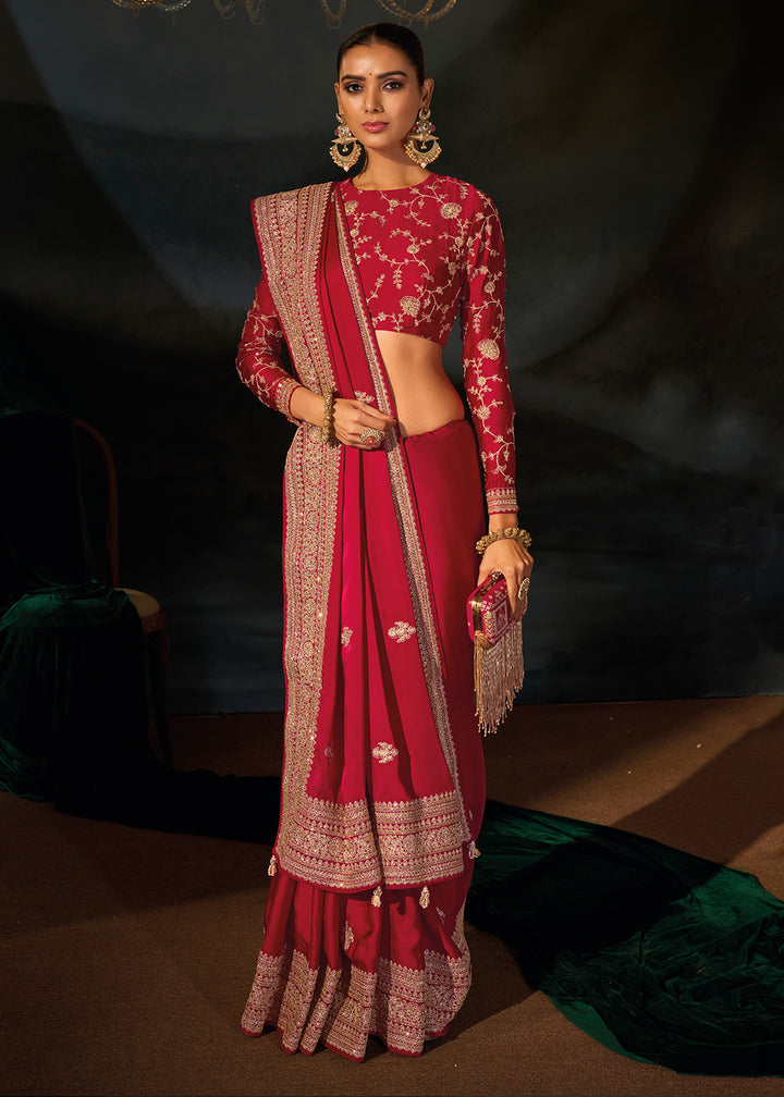 Ruby Pink Satin Silk Saree with Lustrous Zari &amp; Cut Dana Accents