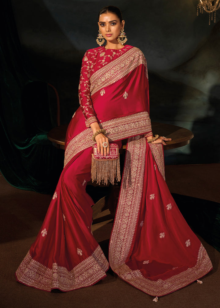 Ruby Pink Satin Silk Saree with Lustrous Zari &amp; Cut Dana Accents